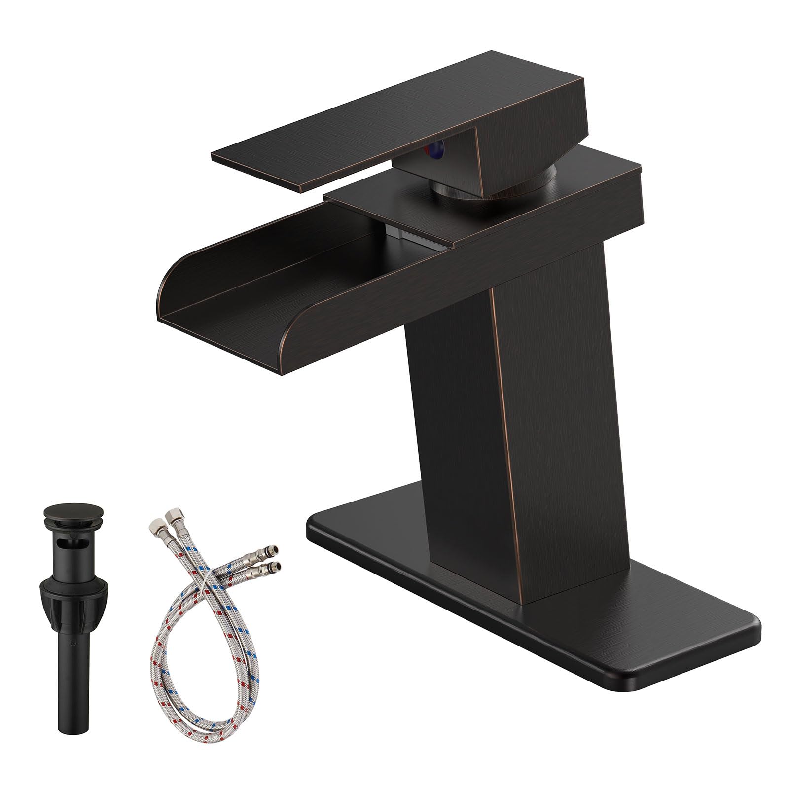 Photo 1 of BATHLAVISH Oil Rubbed Bronze Waterfall Bathroom Faucet Single Hole Bathroom Sink Faucet Modern Single Handle Vanity Lavatory Faucets with Pop Up Drain Lavatory Mixer Tap