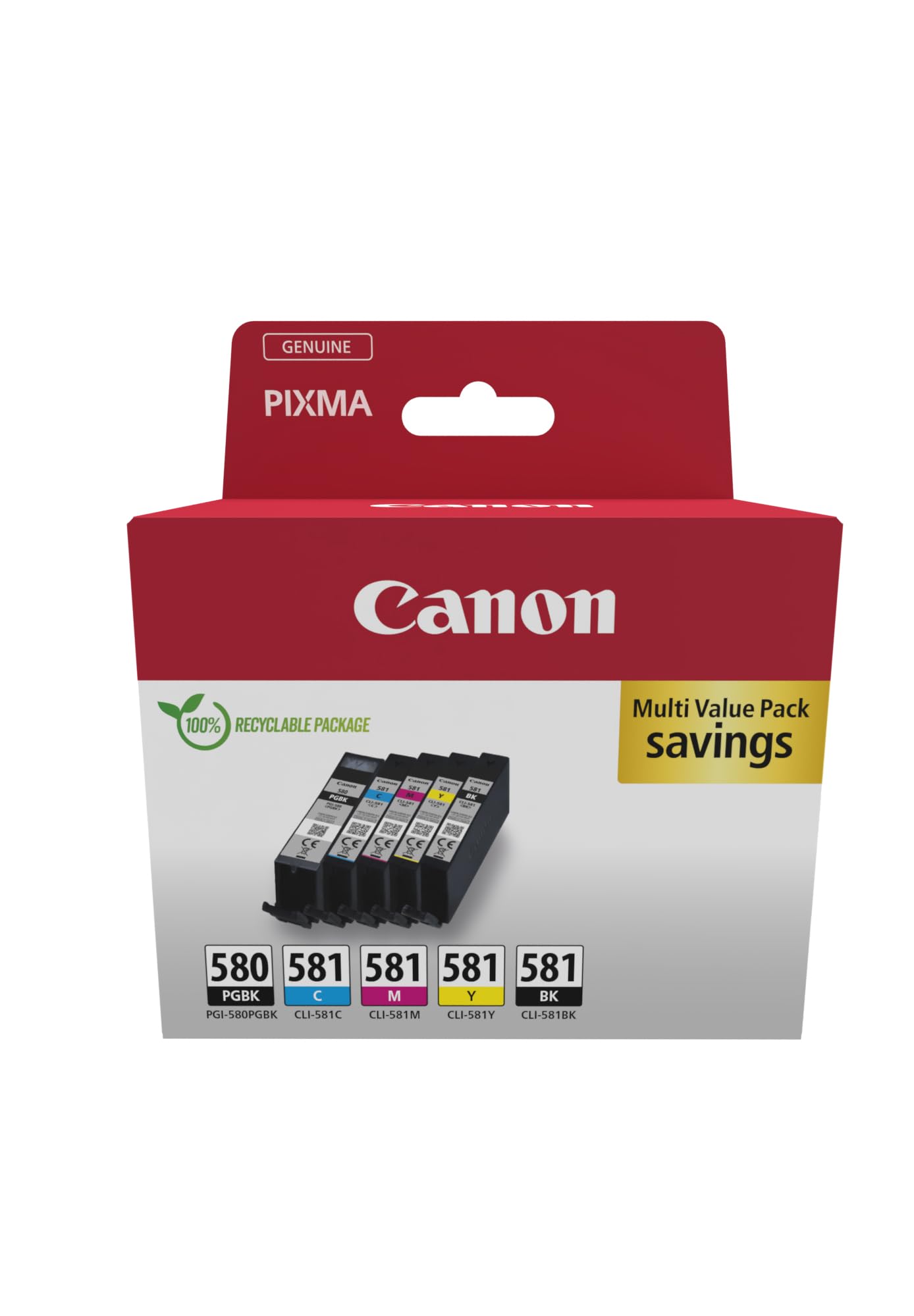Canon PGI-580 CLI-581 BK C M Y PGBK Pack of 5 cartridges (Black Cyan Magenta Yellow Office Black Colour) Genuine (Recycled Cardboard Multipack)