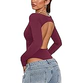 PINKMSTYLE Women Open Back Long Sleeve Bodysuit Boat Neck Double Lined Tops Slim Fit Ruched Backless Going Out Y2K Body Suit