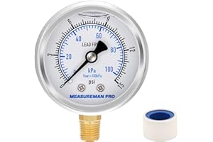 MEASUREMAN PRO 2" Dial Size, Glycerin Filled Pressure Gauge, 0-15psi/kpa, 304 Stainless Steel Case, 1/4" NPT Lower Mount, Lead-Free