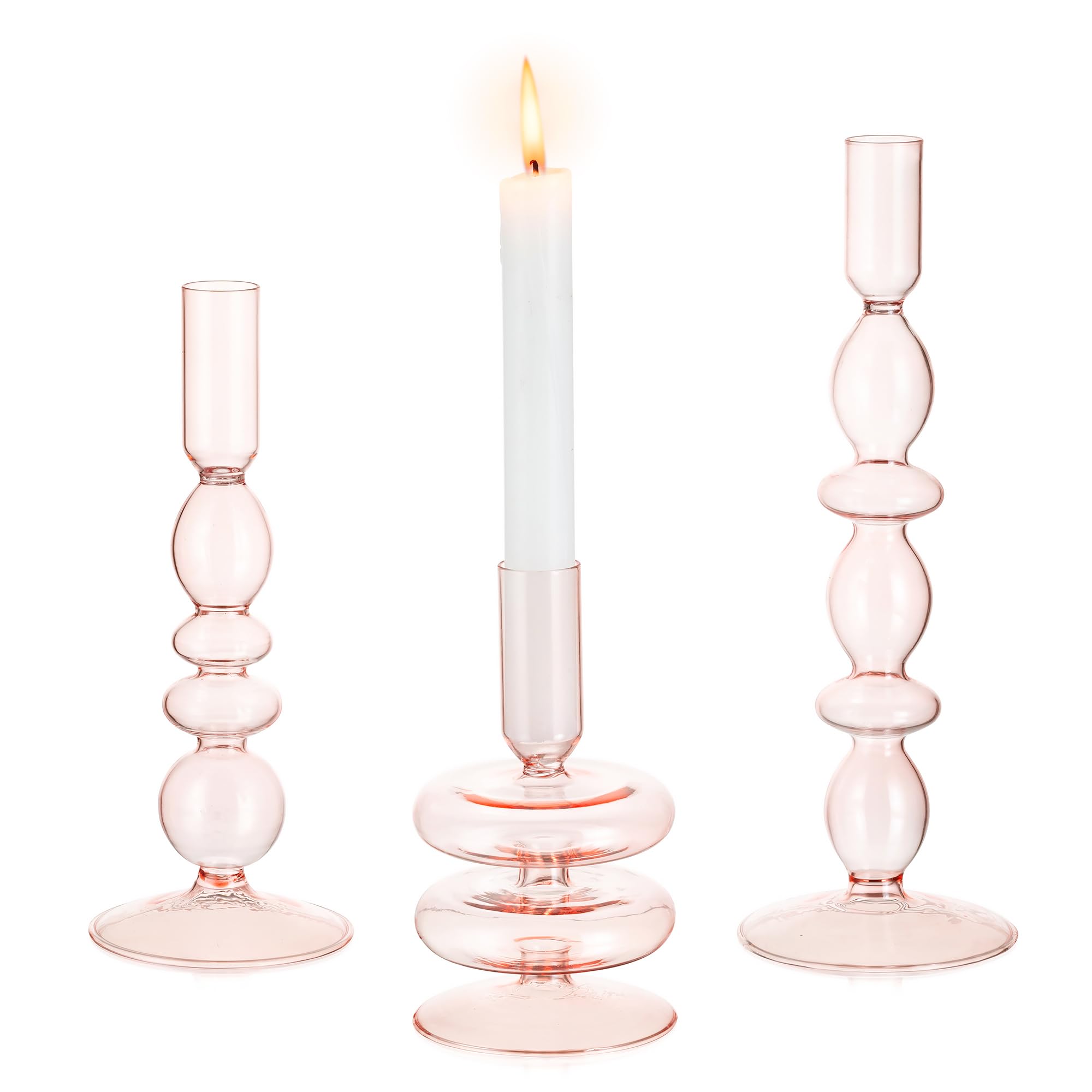 Glasseam Taper Candle Holder Set of 3, Pink Glass Candlesticks Holder, Elegant Christmas Candle Holders for Living Room Decoration, Decorative Candle Stick Holders for Wedding Party Home Decor