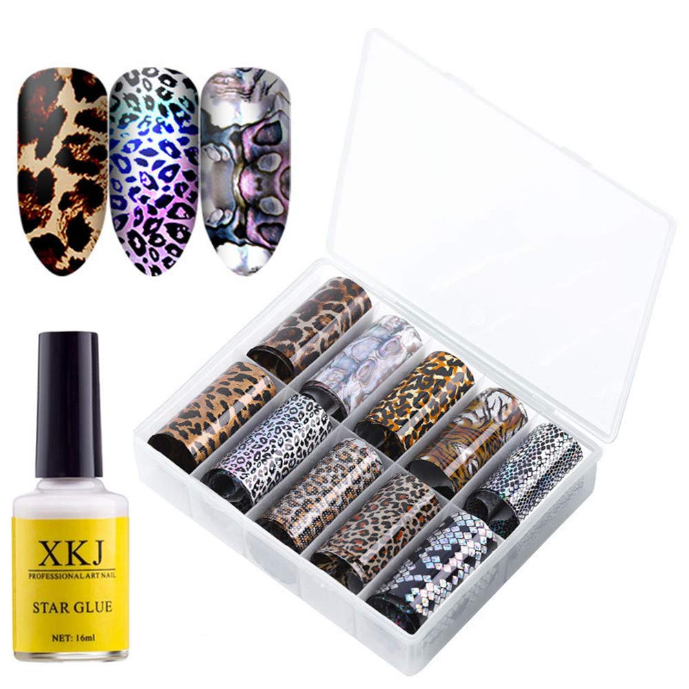 XICHEN 10 Roll/Color Starry Sky Nail Foil Transfer Sticker Paper Colorful Gradient Starry Sky Nail Art Decoration Kit，with 1 Bottle of Professional Star Glue (Fashion Leopard Print 1#)