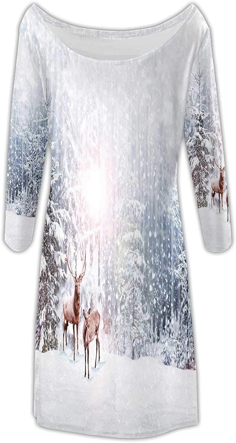 Deer Forest Snow mas Winter Seasonpaper Vector Womens Comfy Swing Tunic Long Sleeve T Shirt Dress,29548o for Party,XS