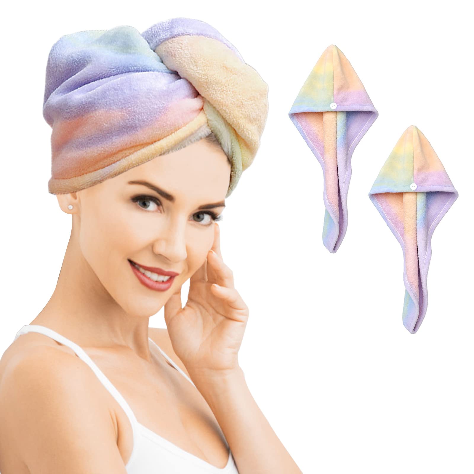 QKTYB 2 Pack Microfiber Hair Towel Wrap Rainbow Quick Dry Super Absorbent Twist Turban Drying Hair Caps with Button Dry Hair Hat for Women Girl,65 x 25cm