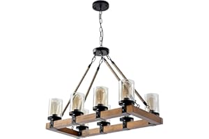 LIGHTIQUITA 8-Light Farmhouse Chandelier Kitchen Island Light Fixture, Wood Chandeliers, Candle Pendant Light, Glass Lodge and Tavern Pendant Lighting 480W Max (Bulb Not Included)