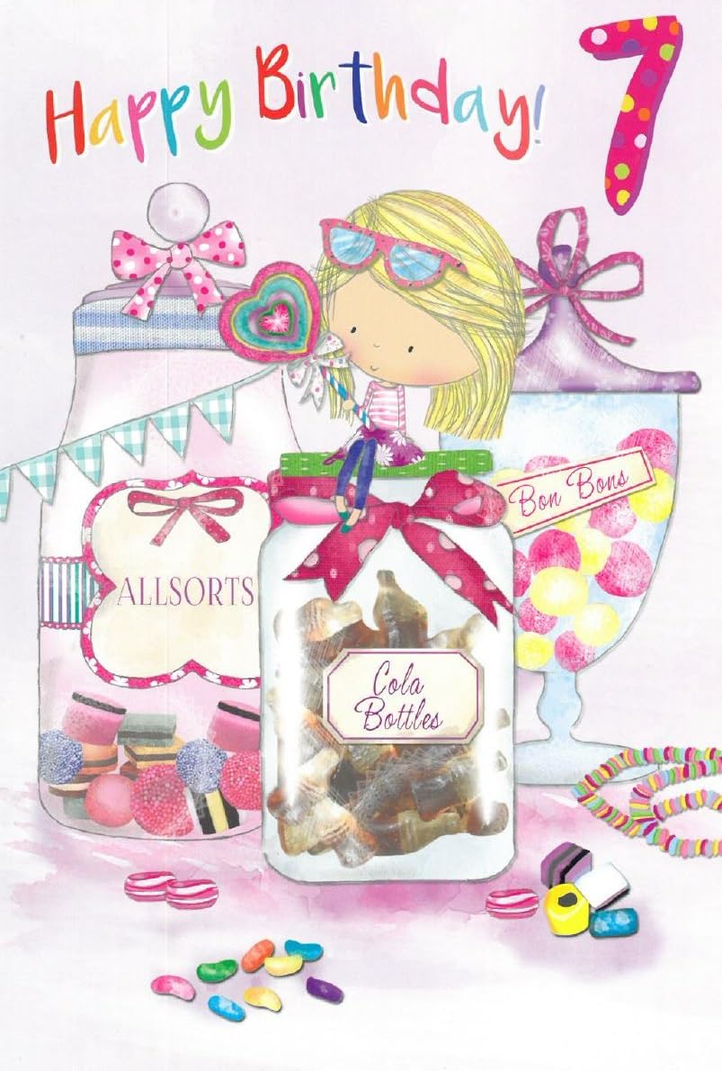 Age 7 Girl Birthday Card - 7th Birthday Girl with Jars of Sweets 7.75x5.25