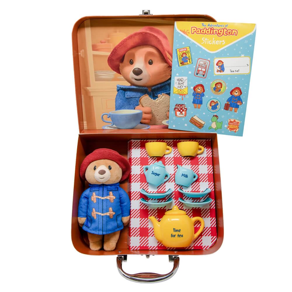 Rainbow Designs Paddington Bear's Toy Tea Set - 9-Piece Children's Tea Set with Teapot, Cups, Saucers & Sugar Pot - Features Cuddling Soft Toy, Reusable Suitcase & Sticker Sheet