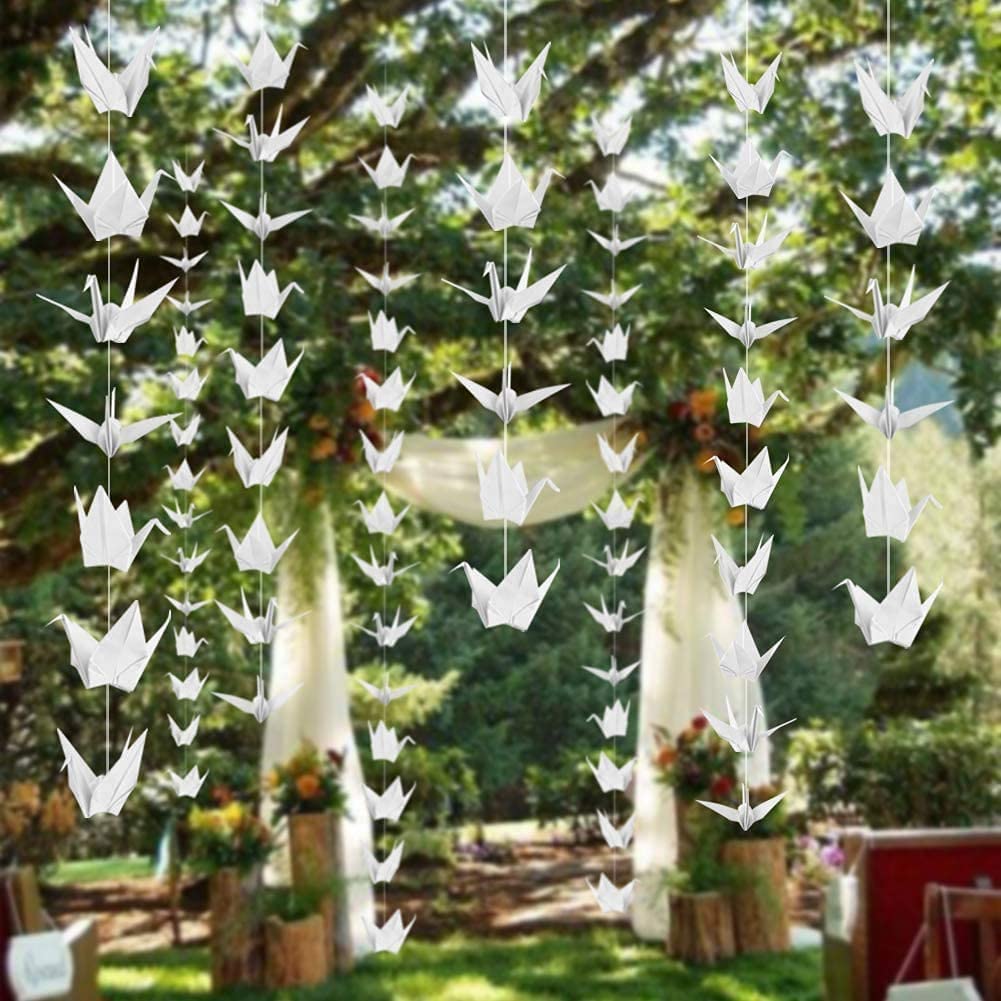 10Strings 5.9" Big Size Premade White Origami Paper Cranes Garlands for Rustic Wedding Party Decorations Origami Cranes Folded Bird Streamers