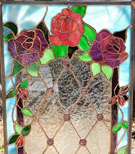 Stunning Victorian Stained Glass Rose Panel, Diamond Design with Purple Cabochons, Custom for You, One of a Kind, Great Size: 12 1/2” W x 24" L" Ready for Your Valentine!