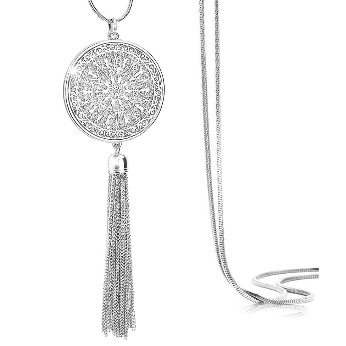 Suyi Long Tassel Necklace Hollow-out Disk Circle Sweater Chain Y Pendant Necklace for Women Round-Silver — image 1