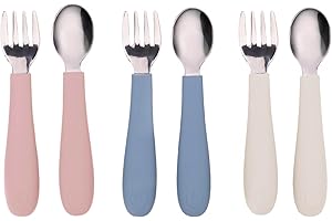 WeeSprout Toddler Utensils, 3 Forks & 3 Spoons, 18/8 Stainless Steel & Food Grade Silicone, Thick Easy-Grip Handles, Perfect Length For New Self Feeders, Gentle On Gums & Teeth, Dishwasher Safe
