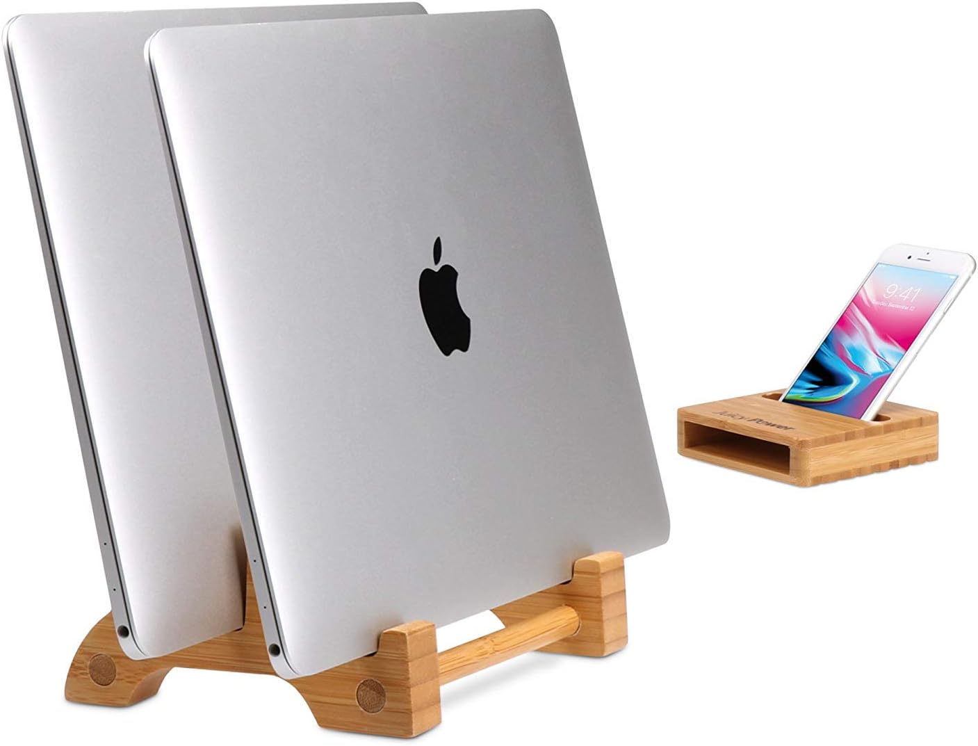 AVLT Eco-Friendly Natural Bamboo Wood Vertical Laptop Stand and Desk Organizer - Compatible with Apple MacBook, iPad, iPhone, Tablet - Multiple Device Docking Station for Up to 0.65" Thick