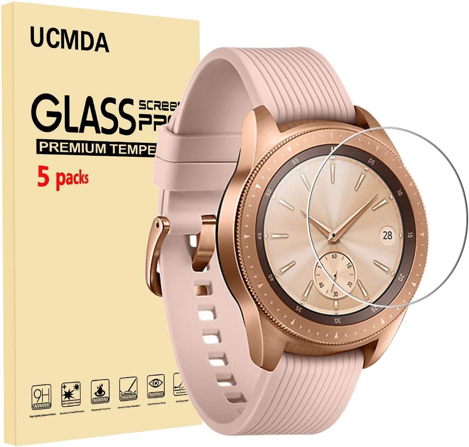 UCMDA Galaxy Watch 42mm Screen Protector [5 Pack], [Upgraded Version, Right Size], 9H Hardness [Anti-Shatter] Tempered Glass Screen Protector for Samsung Galaxy Smart Watch 42mm SM-R810/ SM-R815