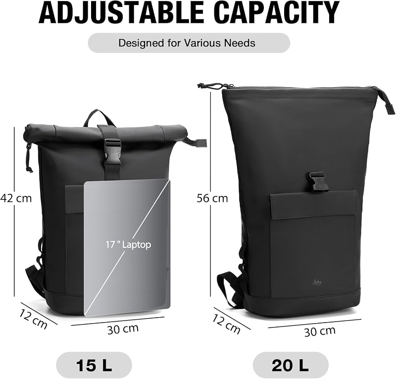 Rolltop Rucksack Damen & Herren, Elegant Laptop Rucksack Wasserdicht mit 17 Zoll Laptopfach, Großer Reiserucksack Tagesrucksack Schulrucksack für Reisen, Uni Schule, Arbeit - Schwarz