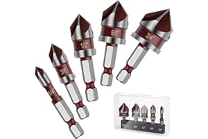 OKOMAGIX 5PCS Countersink Drill Bit Set, 82 Degree HSS Counter Sink Drill Bit for Wood, Metal, Plastic, 1/4"-3/4" with 1/4" Hex Shank Countersink Bit Set