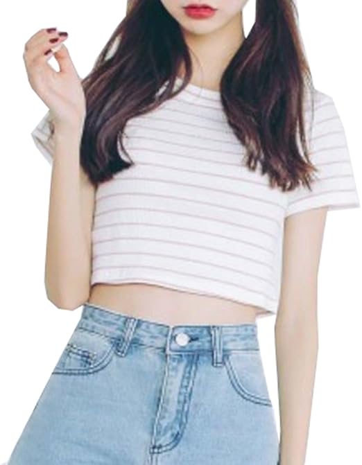 Amazon Co Jp Elpis レディース ボーダー Tシャツ 半袖 スリム コットン チビt お腹 見せ S M L 4色 ホワイト ボーダーピンク L 服 ファッション小物