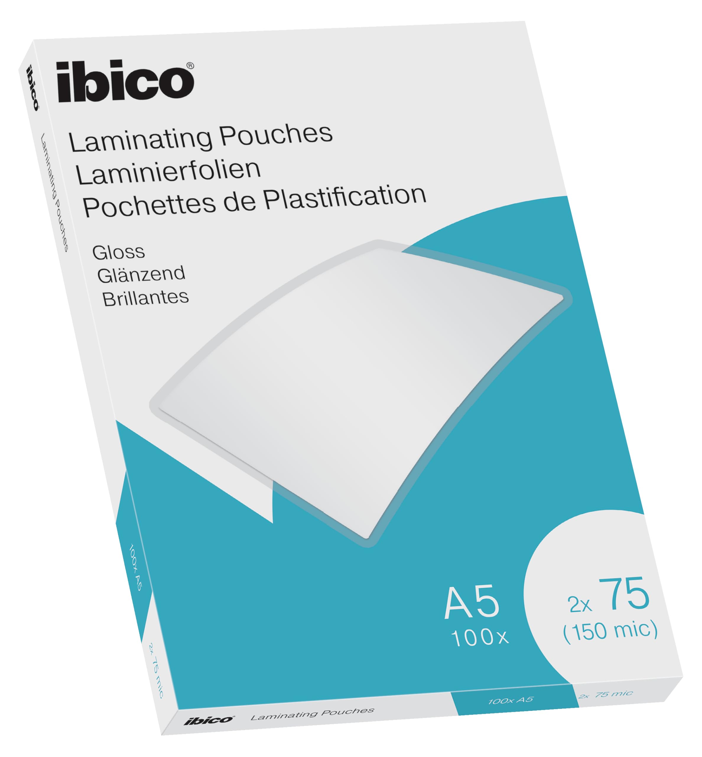 Ibico A5 Laminating Pouches, 150 Micron (2x75), High Document Protection & Durability, Pack of 100, Gloss Finish, Crystal Clear, 627314