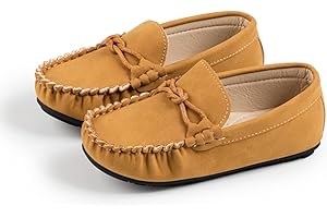 Kannior Boys Girls Leather Loafers Slip-On Texture Flats Boat Dress Moccasin Schooling Daily Walking Shoes(Toddler/Little Kids)
