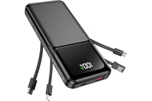 RONEGN Portable Charger with Built in Cable - 20000mAh Fast Charging 22.5W Slim Power Bank USB C LED Display Travel Battery Pack 5 Outputs & 3 Inputs for iPhone Samsung Android iPad Phones Tablets etc