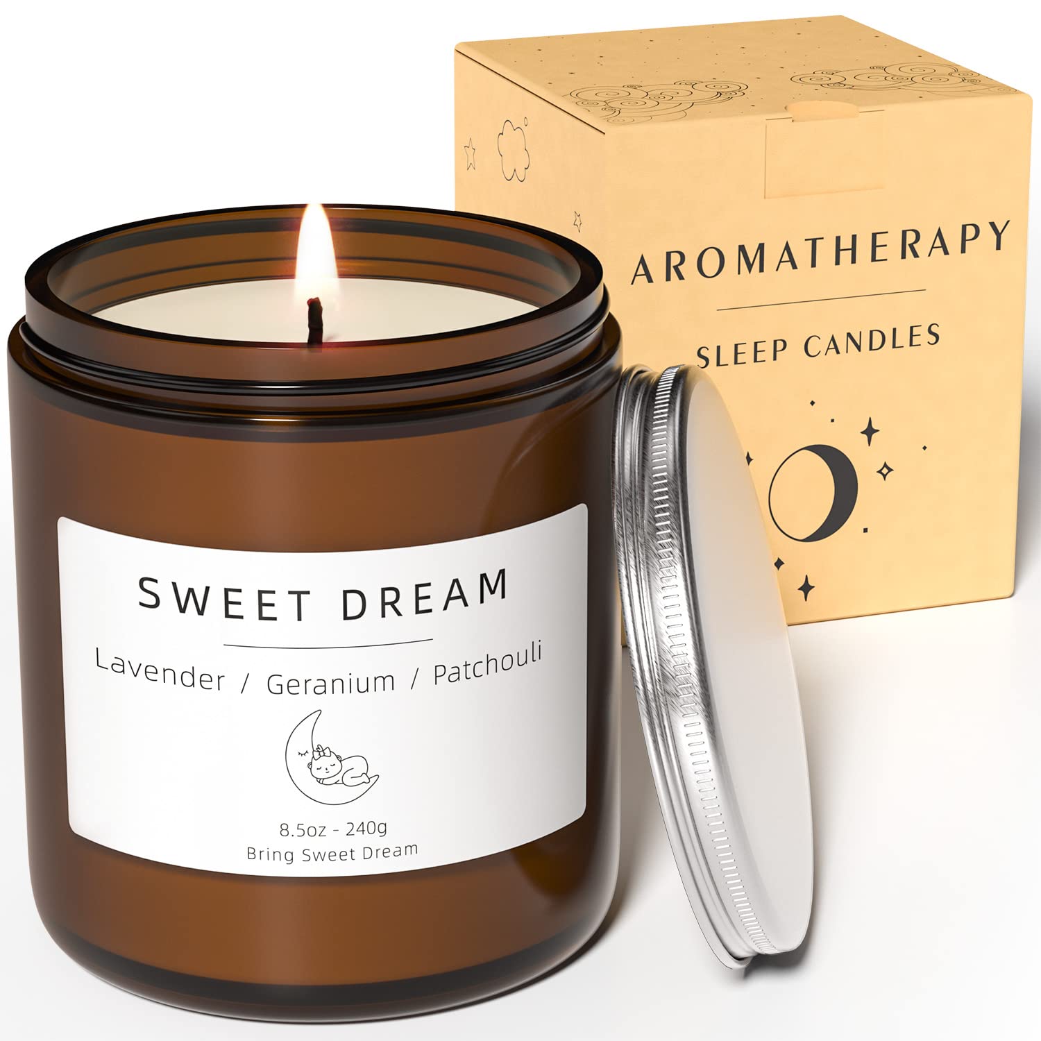 Sleep Candles Gifts for Women, Lavender Scented Candles Gift Set for Anxiety, Lavender Promotes Sleep, Chamomile Relieves Stress, Relaxation Gifts for Women (Sweet Dream 1 Pack, 240g)