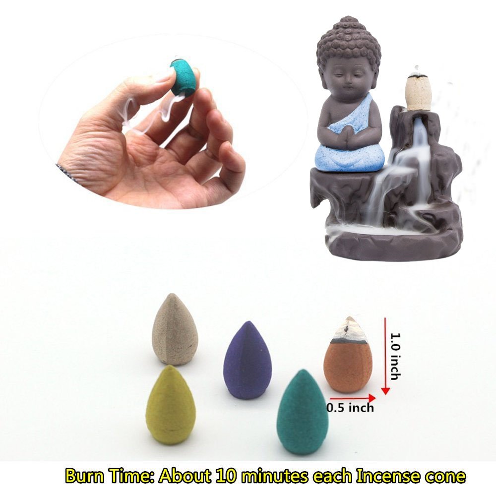 Incense Burner Backflow Set Mixed Aromatherapy Tower Cones Sticks Holder Ceramic Waterfall Buddha Monk Ash Catcher -IN007 Green (70 Variety Cones& Holder)