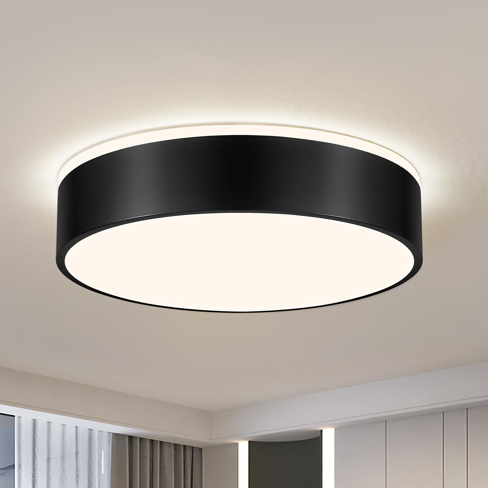 Photo 1 of Vikaey Black LED Ceiling Light, Modern Flush Mount Ceiling Light Fixture, Minimalist Round Metal Lighting Fixture Ceiling Lamp for Living Room, Entryway, Bedroom, Kitchen, 15.74 Inch