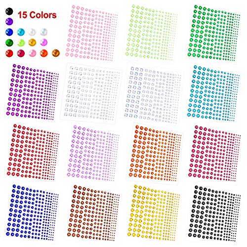 Phogary Self-Adhesive Rhinestone Sticker 3375 Pieces Crystal in 5 Size 15 Colors Bling Craft Jewels Gem Stickers for Crafts, Body, DIY Nails, Festival, Carnival, Makeup