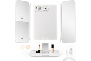 EASEHOLD Lighted Makeup Mirror with 3X Magnification, 3 Color Lights & Touch Sensor - Rechargeable Trifold Vanity Mirror for Travel, Desk, Home Use