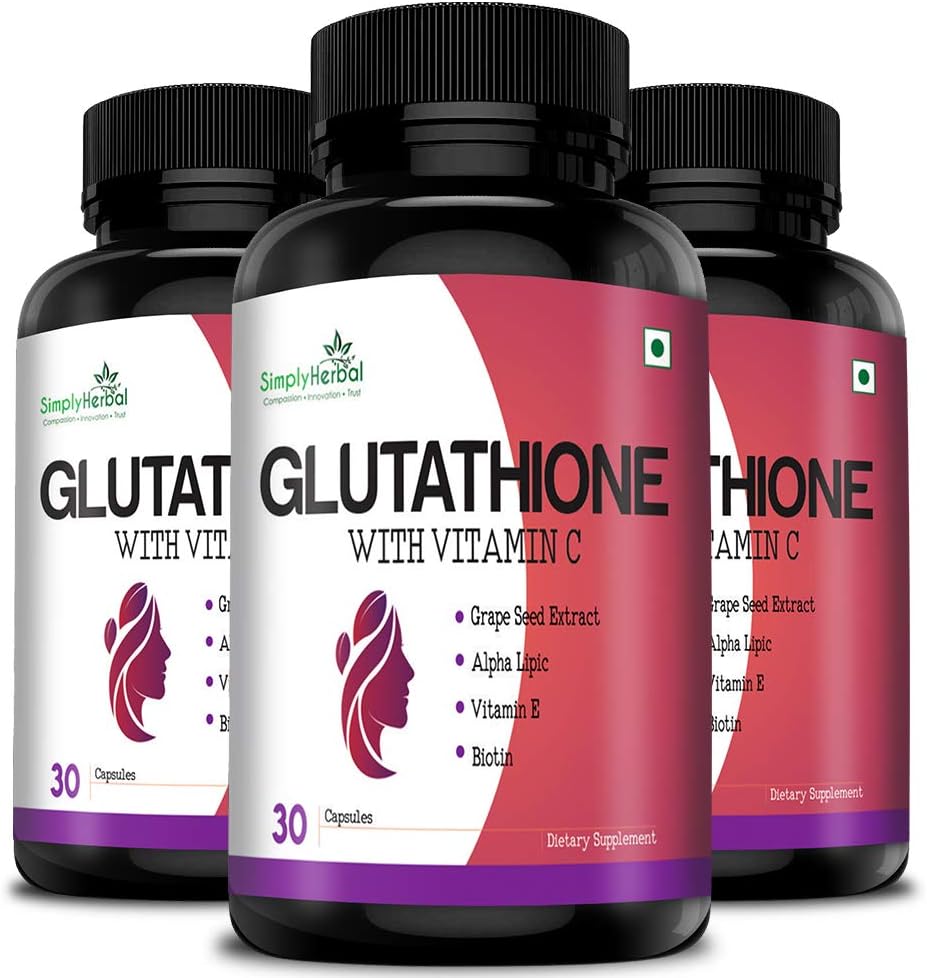 Simply Herbal Glutathione – With Vitamin C, Vitamin E & Grapeseed Extract – 1000 mg - 30 Capsules Pack of 3
