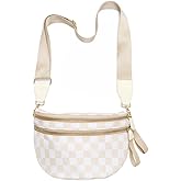 Checkered Crossbody Bag for Women: Large Nylon Fanny Pack Bum Bag, Multi-Purpose Waterproof Waist Pack for Travel, Stadium Events & Fall Outfits (Beige checkered pattern)