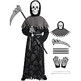 Valcatch Grim Reaper Costume Kids Boys Halloween Costumes Scary Ghost Costume with Black Cape,Scythe,Skull Mask & Gloves