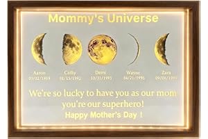 Personalized Mommy's Universe Night Light with Kids Names & Birthdate, Custom Mom's Sky Moon Phase LED Light Frame, The Day Y