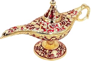 Honoro Vintage Legend Aladdin Magic Genie Lamp - Metal Carved Wishing Light for Home Wedding Party Tabletop Decoration Delicate Gift,Large Red