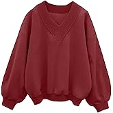 Hilinker Womens V Neck Oversized Sweatshirts Casual Drop Shoulder Long Sleeve Pullover Tops