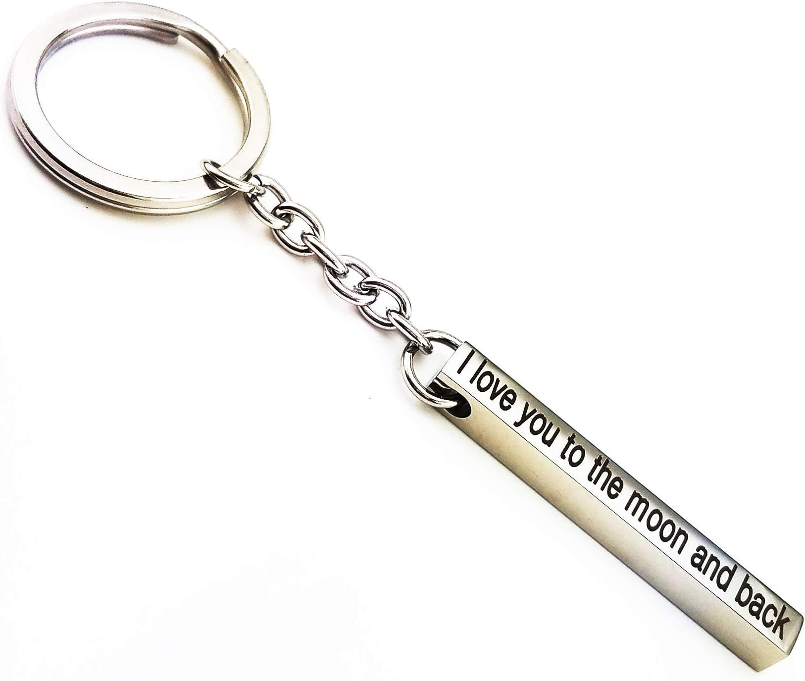 XGALA Valentines Day I Love You To The Moon And Back Stainless Steel 3D,4 Sided Vertical Cuboid Bar Keychain