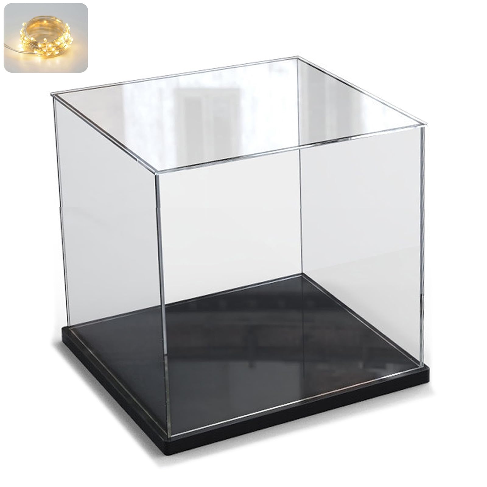 Acrylic Display Case for Lego 75328 Helmet Minifigure Collection, Thickened Transparent Box Cube Display Cabinets and Storage with Wood-Plastic Base & Light, Black Interior 20x20x20cm
