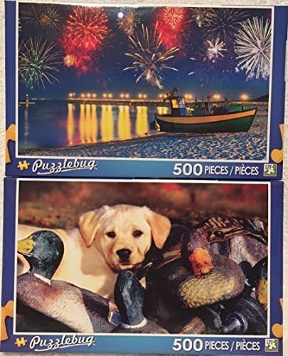 Bundle of 2 Puzzlebug 500 Piece Puzzles by LPF: Firework Display at Baltic Sea, Poland ~ Labrador Puppy Playing in Duck Decoys