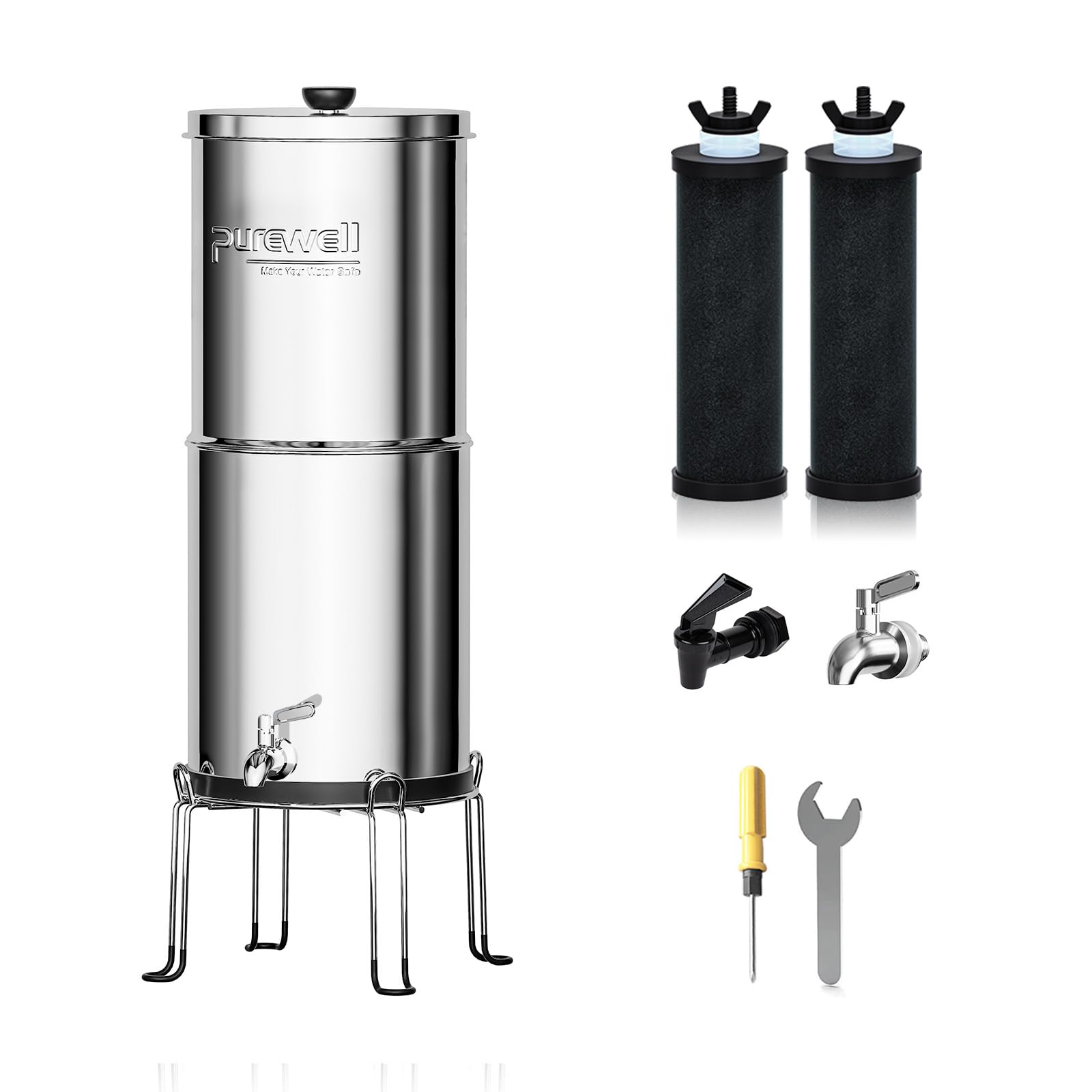 Photo 1 of Purewell 1.5G Gravity Water Filter System, 3-Stage 0.01?m Ultra-Filtration Stainless Steel Countertop System with 2 Filters and Stand, Reduce 99% Chlorine, PW-MKS