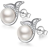 Jiahanzb 925 Sterling Silver Pearl Stud Earrings for Women Cubic Zirconia Pearl Earrings for Ladies, White/Light Gray/Dark Gray
