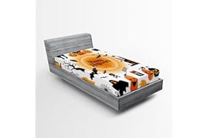 Ambesonne Halloween Fitted Sheet, All Hallows Day Objects Haunted House Owl and Trick or Treat Candy Black Cat, Bed Cover with All-Round Elastic Deep Pocket for Comfort, Twin Size, Orange Black