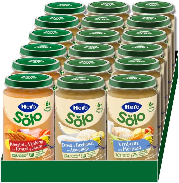 Hero baby caixa mista frascos de carne e peixe, legumes com pescada, bechamel com linguado e ensopado com carne e presunto, sem azeite de palma, 100% natural, a partir dos 6 meses, embalagem de 18x235 gr