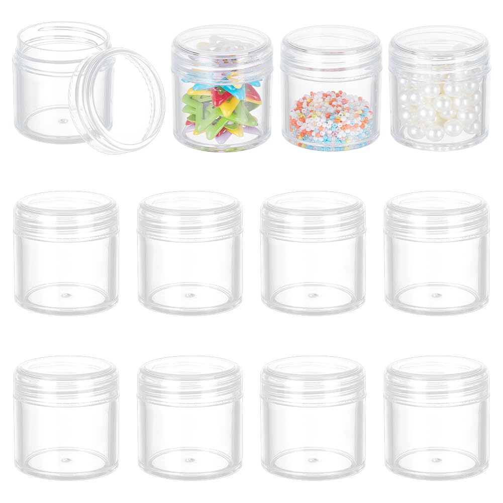BENECREAT 12 Pack 40ml Empty Clear Plastic Bead Storage Container jar with Rounded Screw-Top Lids for Beads, Nail Art, Glitter, Make Up, Cosmetics and Travel Cream