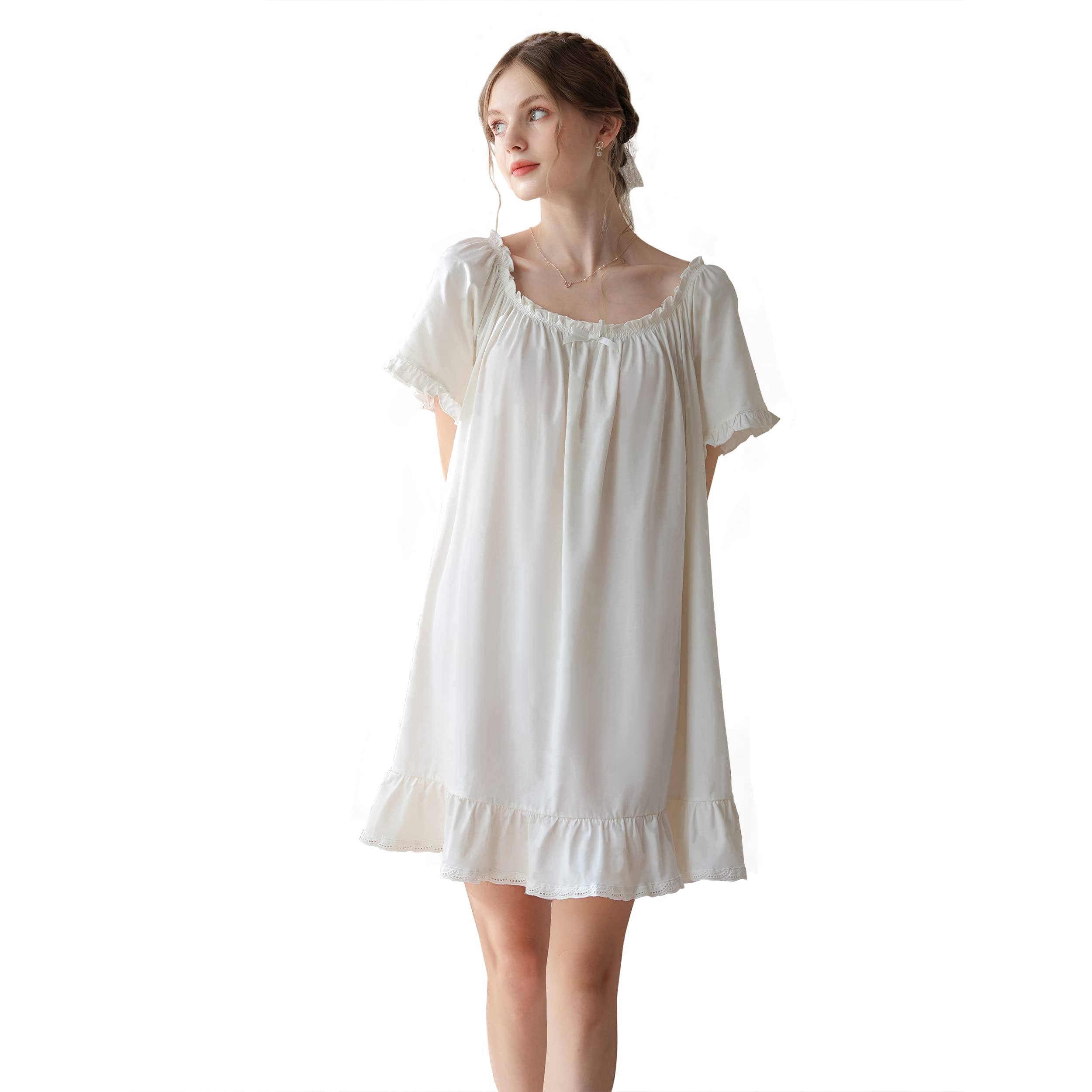 Photo 1 of COSOSA Women's Cotton Nightgowns Vintage Lightweight Gown Sets Short Sleeve Princess Nightdress(White,L)