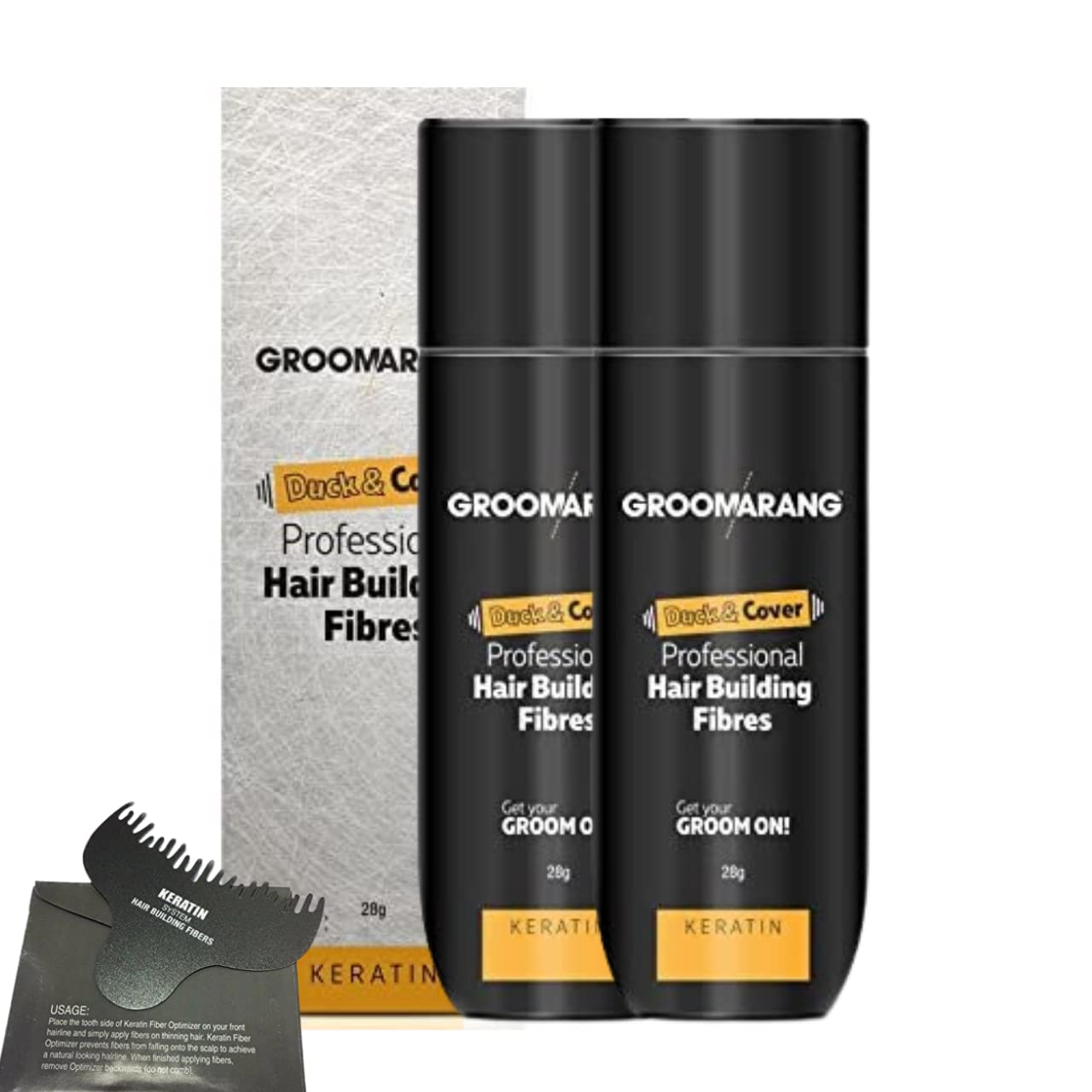 Hair Fibres x2 GROOMARANG Keratin Hair Building Fibres for Thinning Hair - Instantly Conceals Thinning Areas for Fuller Thicker Hair - For Men & Women 28g PLUS Hairline Optimiser (Light Brown)