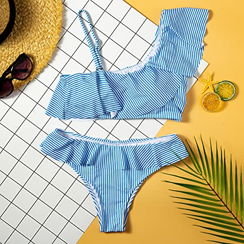 Peddney Women Flounce One Shoulder Bikini Swimsuit Ruffle Stripe Print Two Piece Bathing Suits