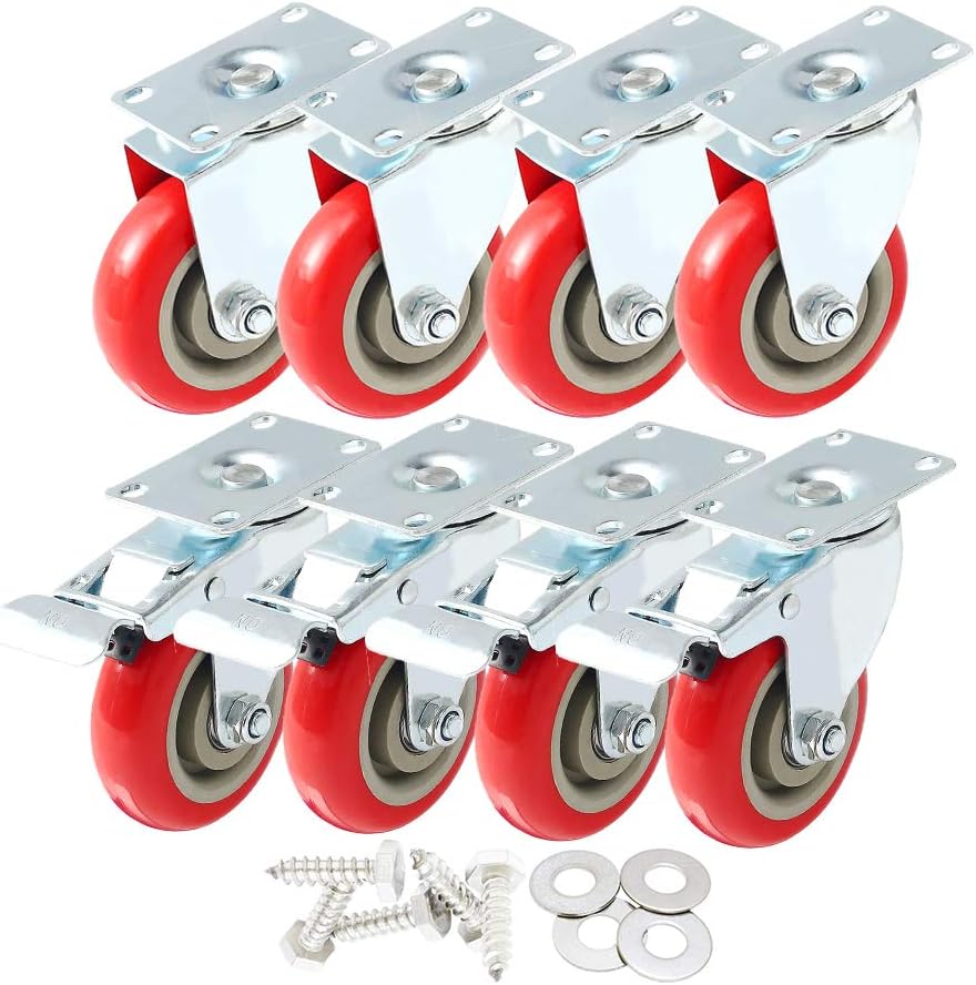 8 Pack 4" Caster Wheels Swivel 360 Degree 4 with Brake Swivel and 4 Swivel Plate Combo On Red Polyurethane Wheels with Hardware: Home Improvement