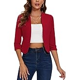 MINTLIMIT Cropped Blazer for Women 3/4 Ruched Sleeve Collarless Open Front Casual Work Office Cardigan Suit Jacket