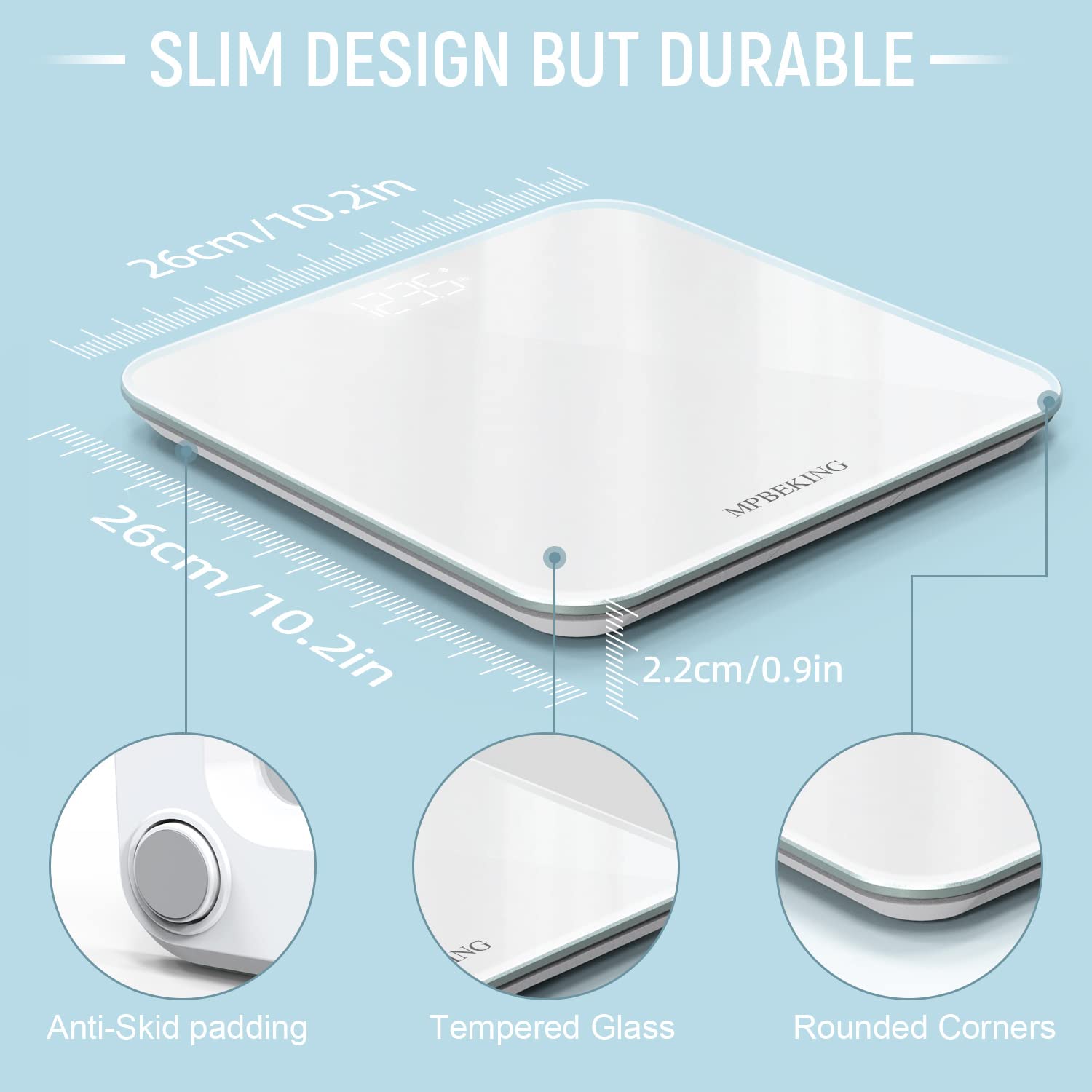 Scale for Body Weight, High Accuracy Bathroom Digital Scales, Bluetooth Weighing Scale, Unlimited Users, LCD Display, Round Corner Disign, Compact Size with Sturdy Tempered Glass 400lb- White