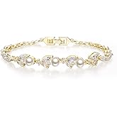 Crysdue Cubic Zirconia Simulated Pearl Bridal Wedding Leaf Filigree Tennis Bracelet for Brides Bridesmaid Birthday Mothers Christmas Valentines Day Jewelry Gifts for Women