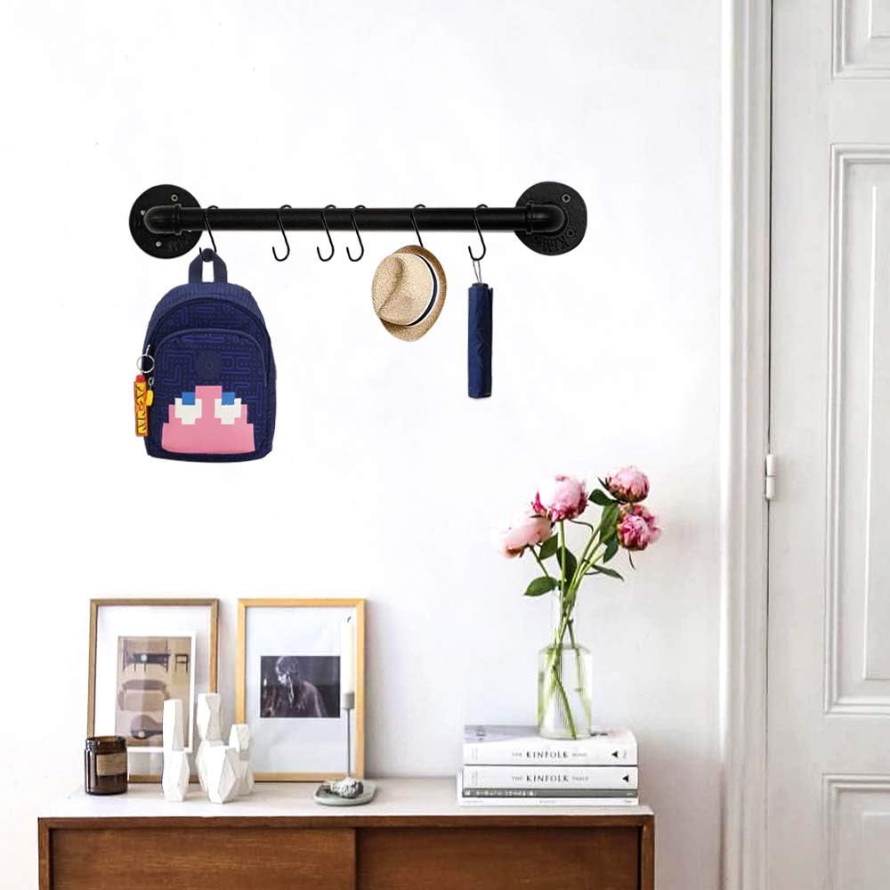 Industrial Pipe Pan Pot Rack Wall Mounted, Iron Coffee Cups Hanger Bathroom Towel Bar Black Kitchen Utensil Cookware Holder Storage Organizer With 10 Detachable S Hooks: Home Improvement